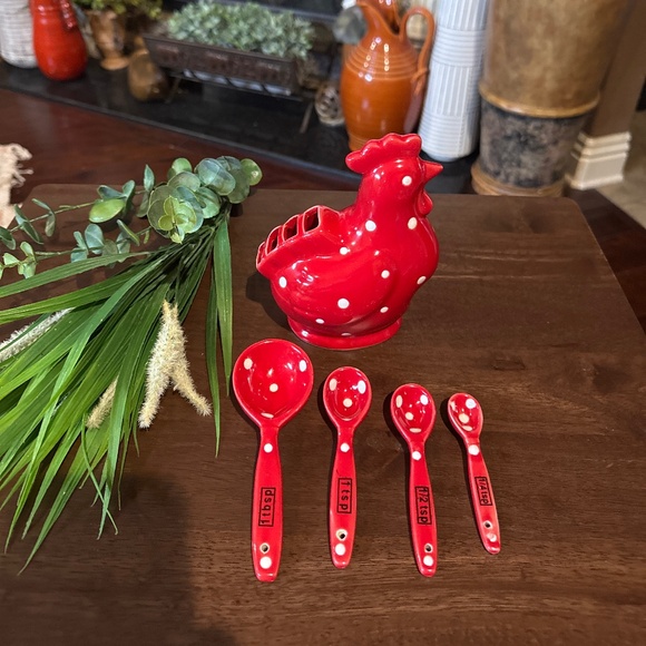 Temptations Red & White Polka Dots Rooster Chicken w/4 Measuring Spoons - Picture 5 of 7